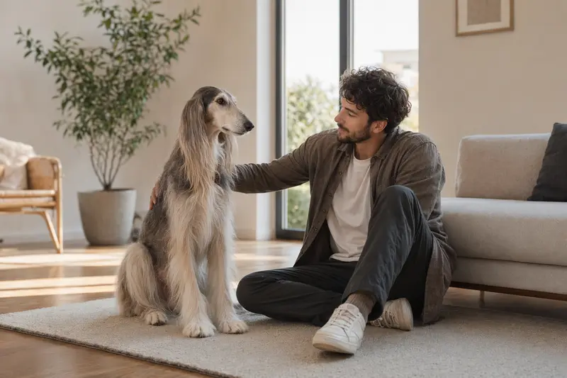 Ein gesunder, freundlicher Persischer Windhund sitzt entspannt neben seinem Besitzer in einer hellen Wohnung.