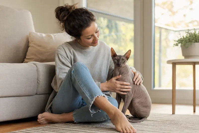Ein gesunder Peterbald sitzt entspannt neben seinem Besitzer in einer hellen Wohnung.