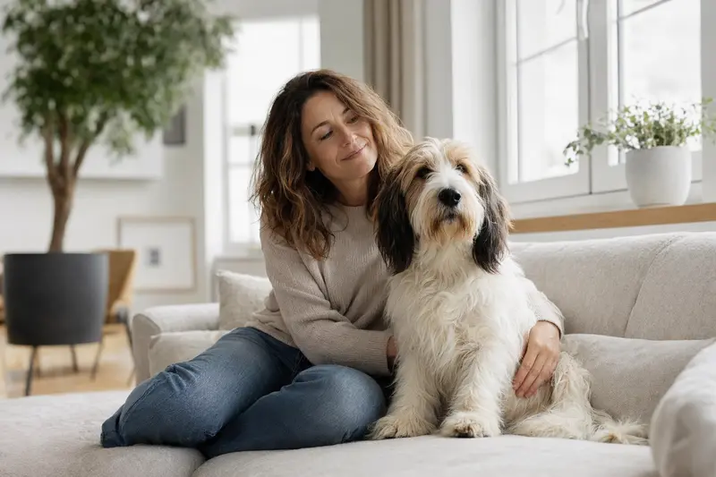 Ein glücklicher Petit Basset Griffon Vendéen sitzt entspannt neben seinem Besitzer in einer modernen Wohnung.