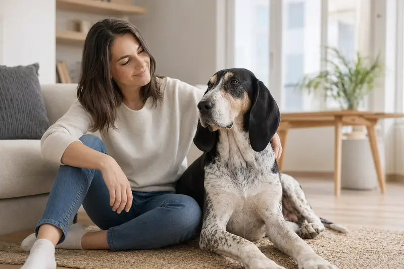 Ein glücklicher Hund sitzt entspannt neben seinem Halter in einer modernen hellen Wohnung.