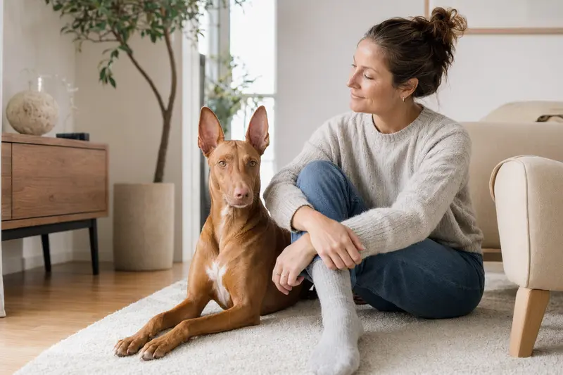Ein gesunder Pharaonenhund sitzt entspannt neben seinem Besitzer in einer modernen Wohnung und vermittelt eine vertrauensvolle Atmosphäre.