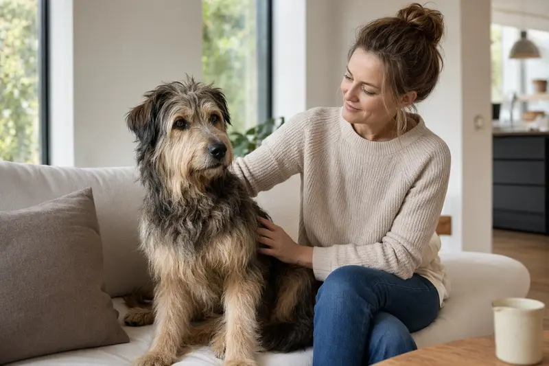 Ein gesunder Picard sitzt entspannt neben seinem Besitzer in einer hellen modernen Wohnung und vermittelt eine vertrauensvolle Atmosphäre rund um die Hundeversicherung.