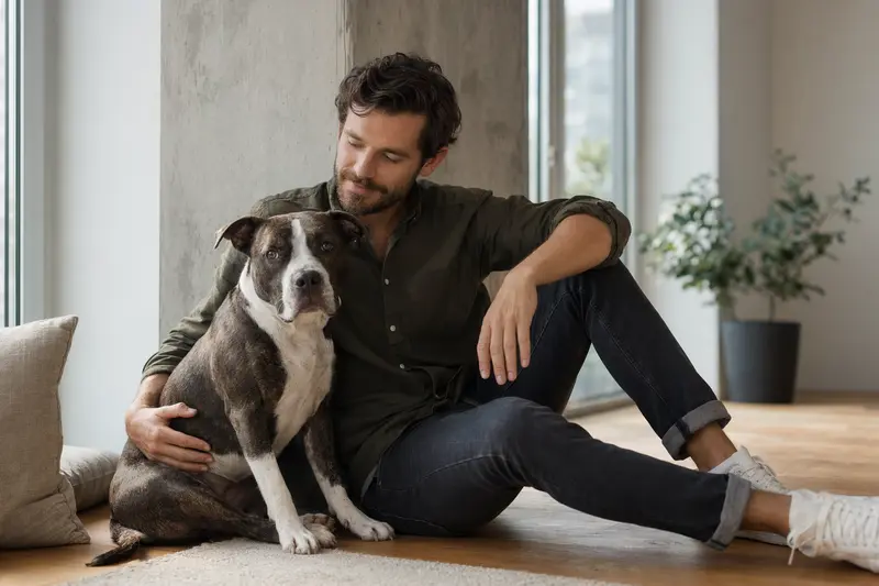 Ein entspannter Pitbull sitzt neben seinem Halter in einer modernen Wohnung und strahlt Freude aus.