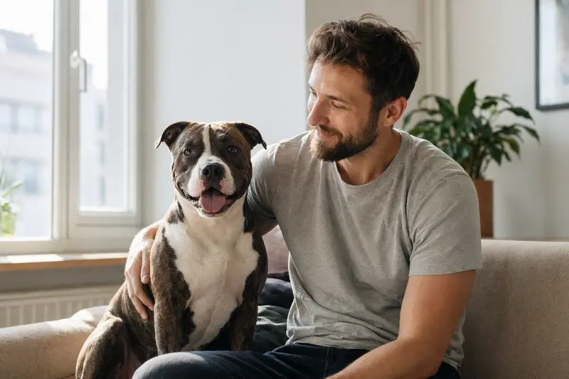 Ein glücklicher Pitbullterrier sitzt entspannt neben seinem Halter in einer modernen Wohnung.