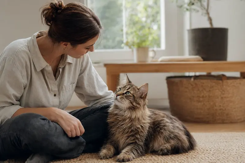 Ein gesunder, freundlicher Pixiebob Longhair sitzt entspannt neben seinem Besitzer in einer modernen Wohnung.
