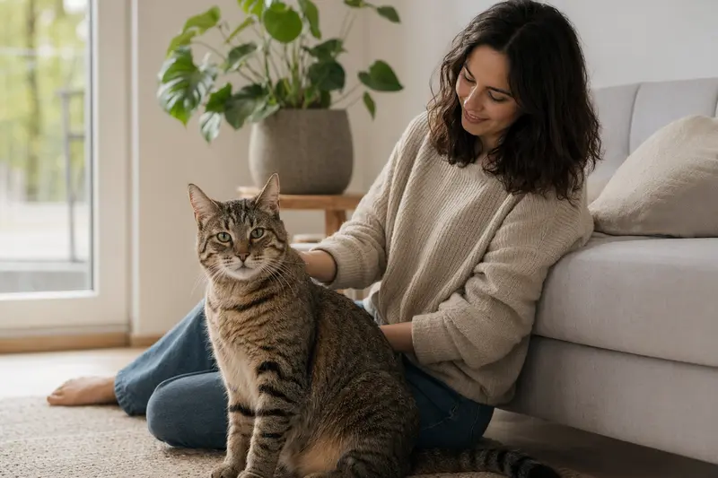Ein entspannter Pixiebob Shorthair sitzt neben seinem verwöhnten Besitzer in einer modernen Wohnung.