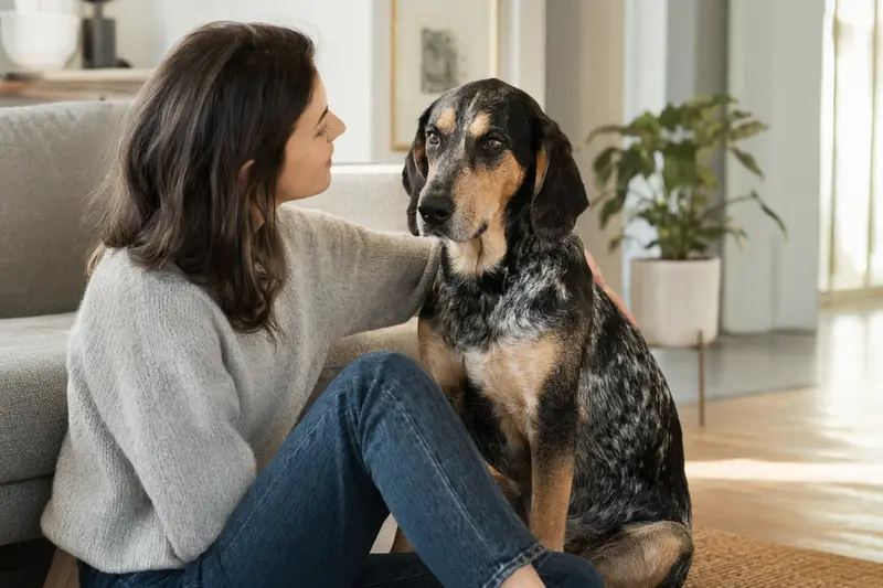 Ein glücklicher Hund, der entspannt neben seinem Besitzer in einer modernen Wohnung sitzt.