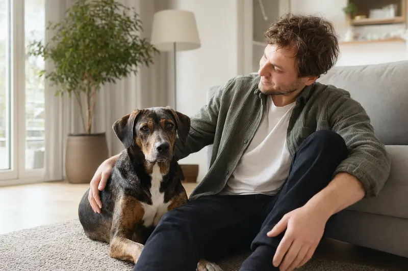 Ein glücklicher Plott-Hound sitzt entspannt neben seinem Besitzer in einer modernen Wohnung.