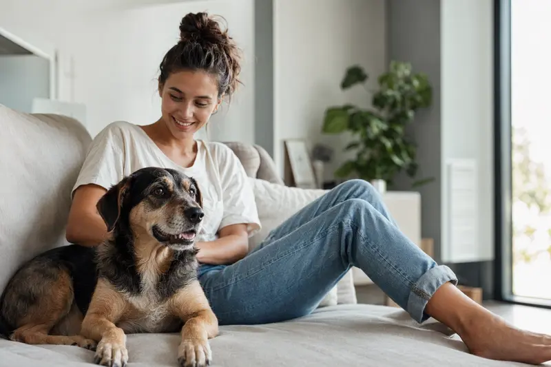 Glücklicher Pocadan sitzt entspannt neben seinem Besitzer in einer hellen Wohnung und passt zum Thema Hundekrankenversicherung.