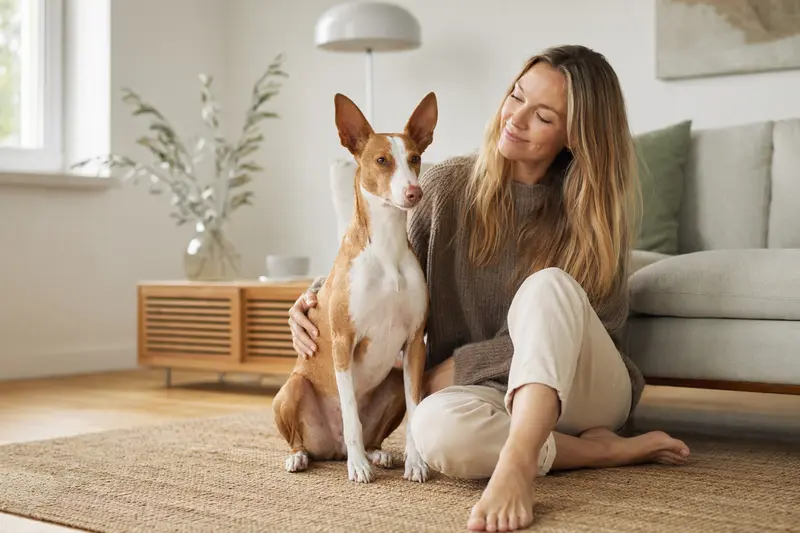 Ein glücklicher Podenco Andaluz Maneto sitzt entspannt neben seinem Besitzer in einer modernen Wohnung.