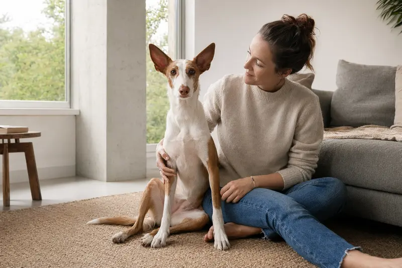 Ein entspannter Podenco Andaluz sitzt neben seinem Halter in einer hellen Wohnung und vermittelt Vertrauen.