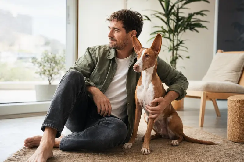 Ein gesunder Podenco Canario sitzt entspannt neben seinem Besitzer in einer modernen Wohnung.