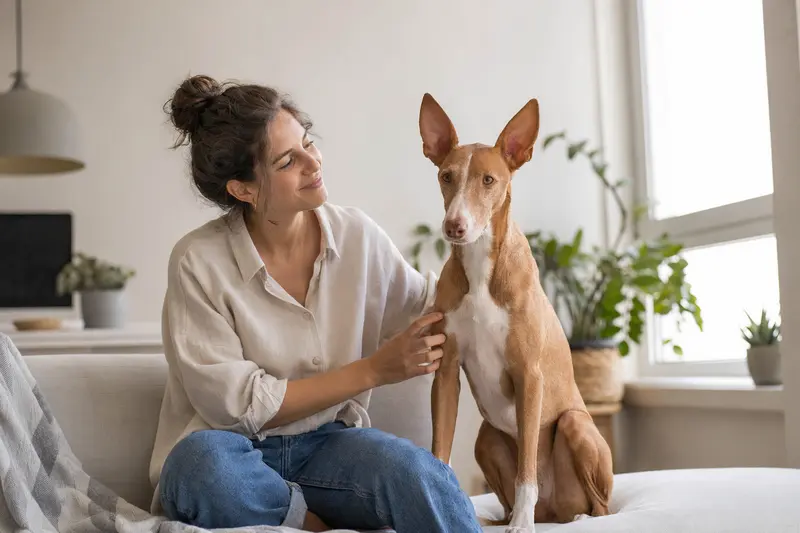 Ein glücklicher Podenco Grande sitzt entspannt neben seinem Besitzer in einer modernen Wohnung.