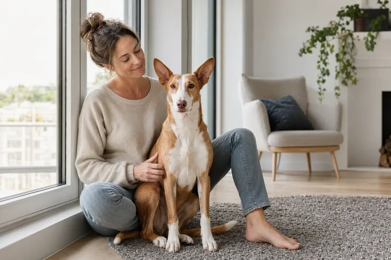 Ein entspannter Podenco Ibicenco sitzt neben seinem Besitzer in einer modern gestalteten Wohnung und strahlt Zufriedenheit aus.