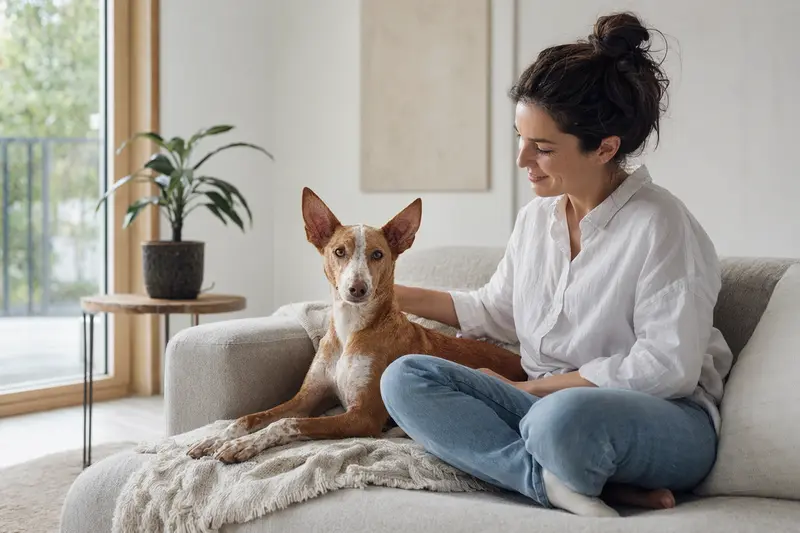 Ein glücklicher Podenco Malagueño sitzt vertrauensvoll neben seinem Halter in einer modernen Wohnung.