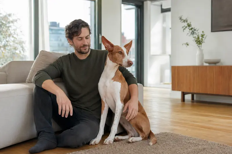 Glücklicher Podenco Malgueno sitzt entspannt neben seinem Halter in einer hellen Wohnung, passend zum Thema Hundeversicherung.