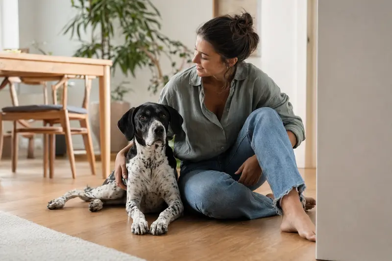 Ein gesunder und freundlicher Pointer sitzt entspannt neben seinem Halter in einer modernen Wohnung, umgeben von warmem Licht.