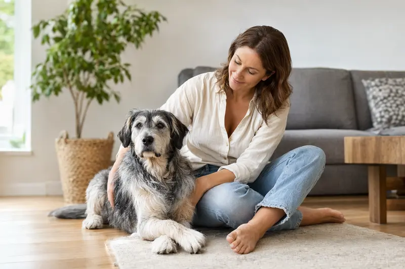 Ein glücklicher Poitevin-Hund sitzt entspannt neben seinem Besitzer in einer modernen Wohnung.