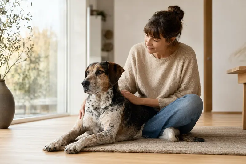 Ein glücklicher Poligar Hound sitzt entspannt neben seinem Halter in einer modernen Wohnung.