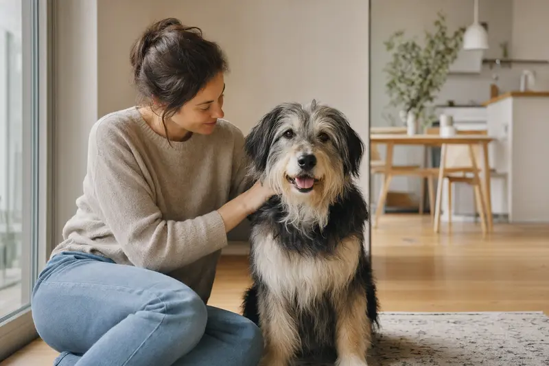 Ein glücklicher polnischer Niederungshütehund sitzt entspannt neben seinem Halter in einer hellen Wohnung.