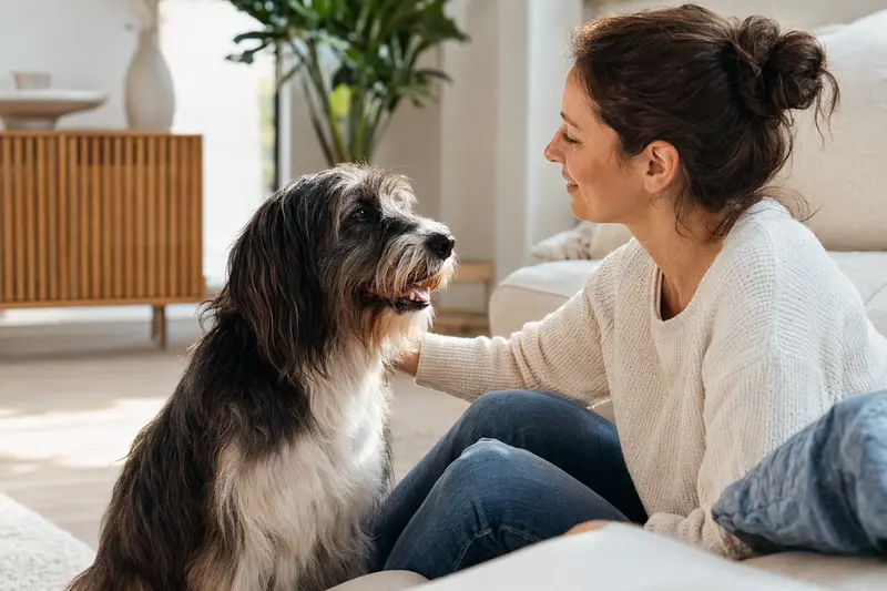 Ein glücklicher Polnischer Niederungshund sitzt entspannt neben seinem Besitzer in einer modernen Wohnung.