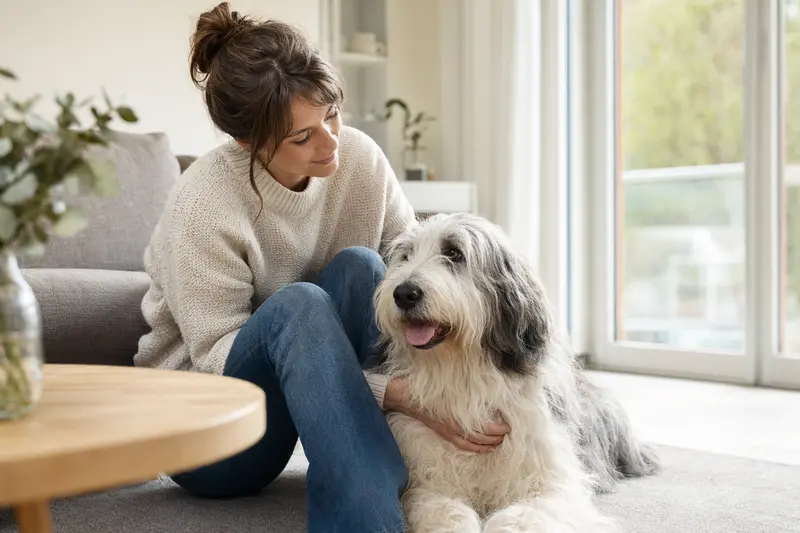 Glücklicher Polnischer Niederungsschäferhund sitzt entspannt neben seinem Halter in einer hellen modernen Wohnung, passend zum Thema Hundeversicherung.