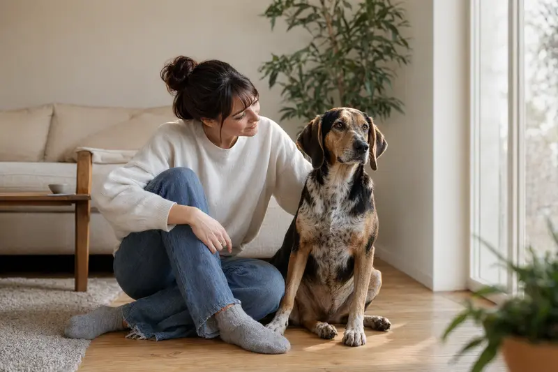 Ein freundlicher Polnischer Ogar sitzt entspannt neben seinem Halter in einer hellen modernen Wohnung, passend zum Thema Hundeversicherung.