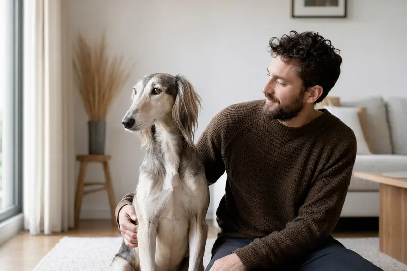 Ein entspannter Polnischer Windhund sitzt neben seinem Besitzer in einer hellen Wohnung und strahlt Vertrauen aus.