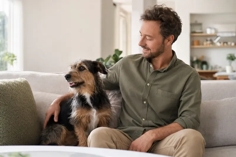 Ein glücklicher Poltalloch Terrier sitzt entspannt neben seinem Besitzer in einer modernen und hellen Wohnung.