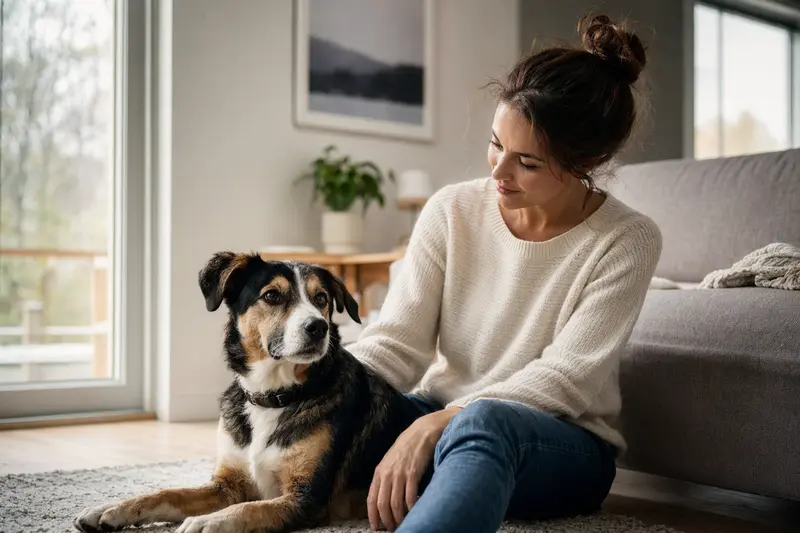 Ein entspannter Porcelaine-Hund sitzt neben seinem glücklichen Besitzer in einer hellen, modernen Wohnung.