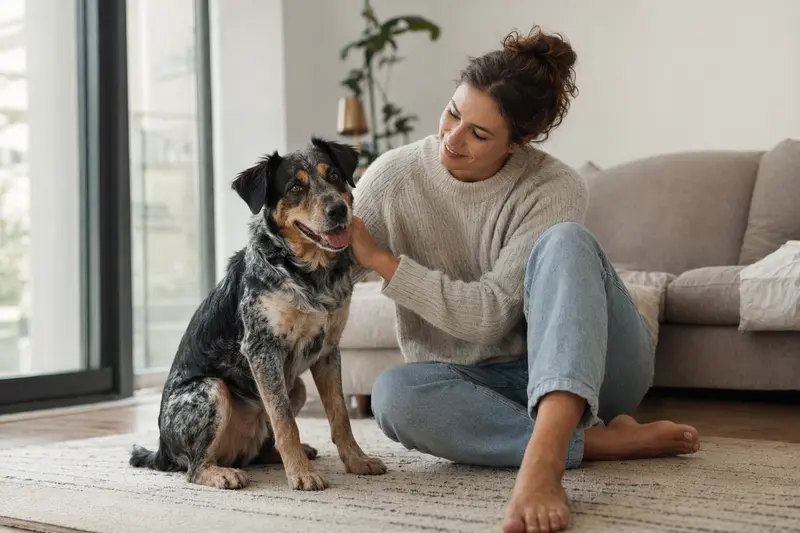 Ein glücklicher Hund sitzt entspannt neben seinem Besitzer in einer modernen Wohnung und genießt das warme Licht.