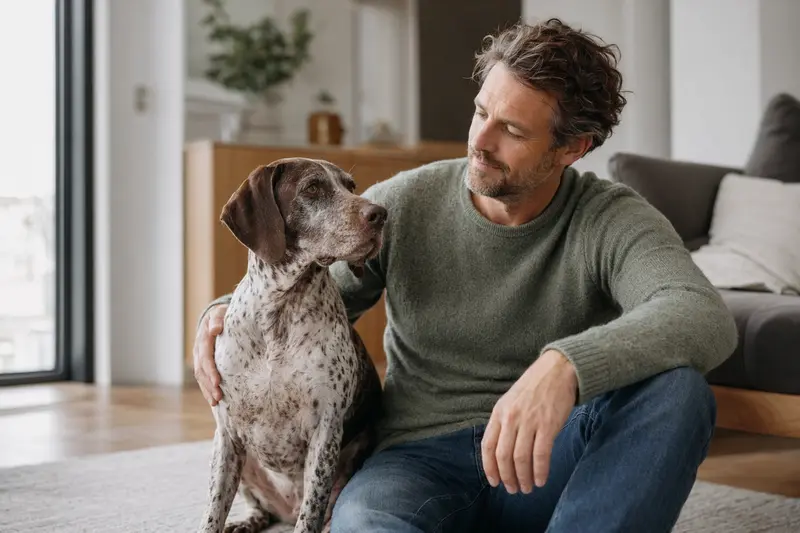 Ein entspannter Portugiesischer Pointer sitzt neben seinem Besitzer in einer hellen Wohnung und strahlt Zufriedenheit aus.