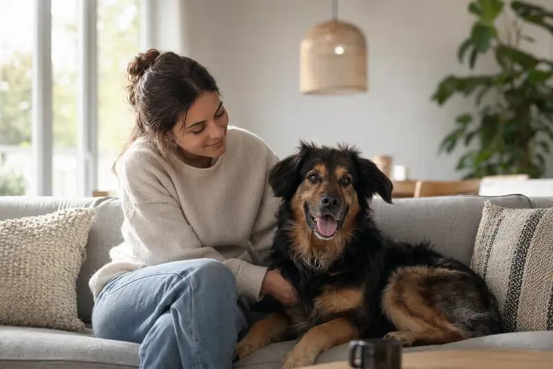 Ein glücklicher Portugiesischer Schäferhund sitzt entspannt neben seinem Halter in einer modernen Wohnung und vermittelt eine vertrauensvolle Atmosphäre.