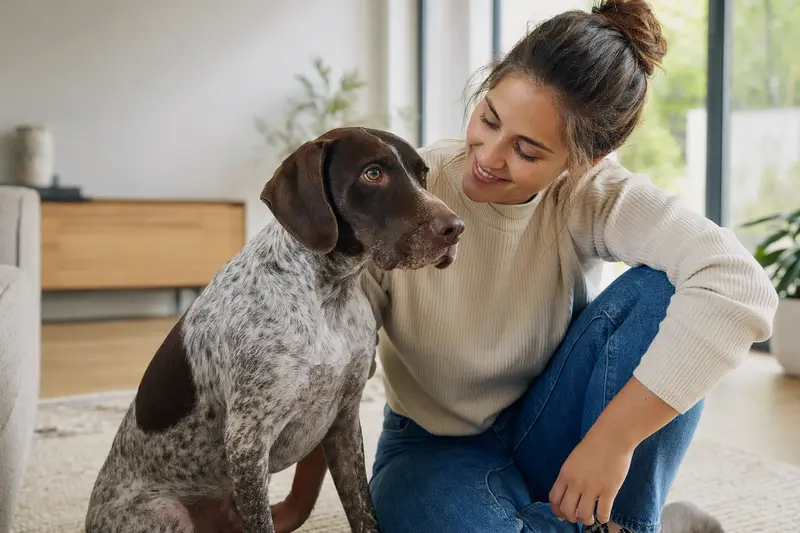 Ein entspannter Portugiesischer Vorstehhund sitzt neben seinem Besitzer in einer hellen Wohnung.