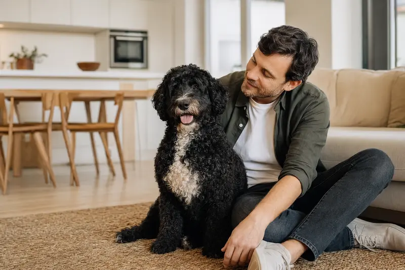Ein entspannter Portugiesischer Wasserhund sitzt neben seinem Besitzer in einer hellen Wohnung und strahlt eine vertrauensvolle Atmosphäre aus.