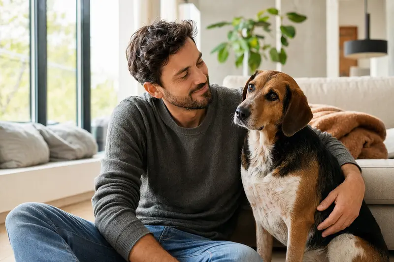 Ein glücklicher Posavatz-Bracke sitzt entspannt neben seinem Besitzer in einer modernen Wohnung.