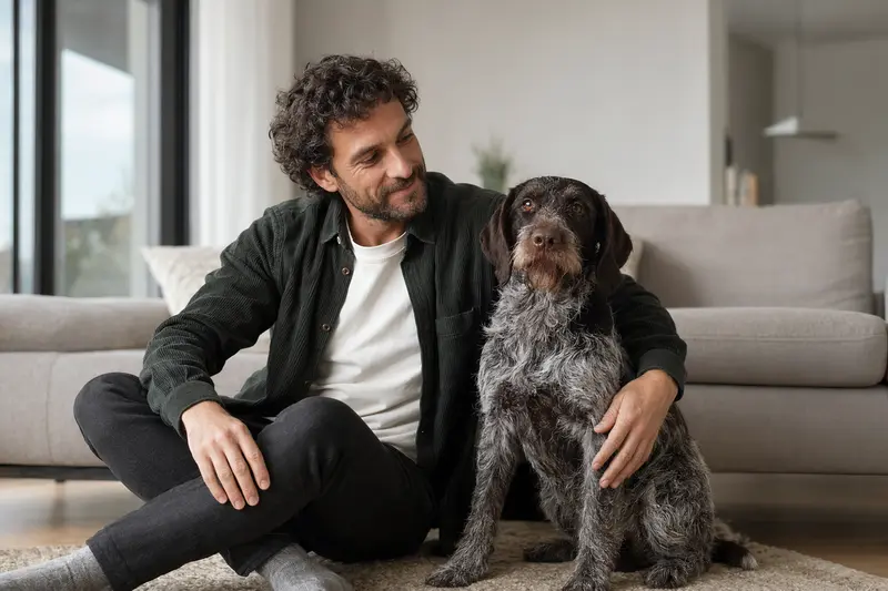Ein gesunder Pudelpointer entspannt neben seinem Besitzer in einer modernen Wohnung.