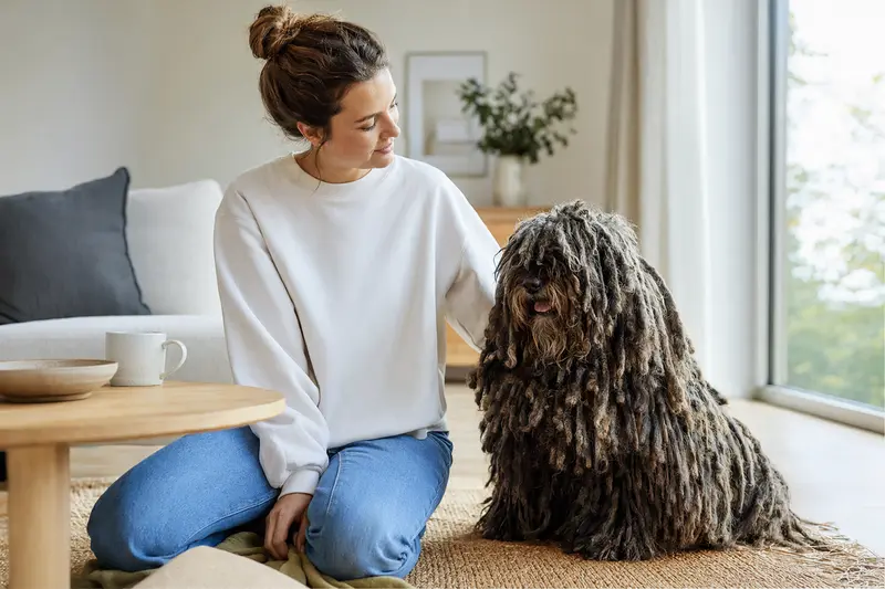 Ein glücklicher Puli sitzt entspannt neben seinem Halter in einer modern eingerichteten Wohnung, beleuchtet von warmem, natürlichem Licht.