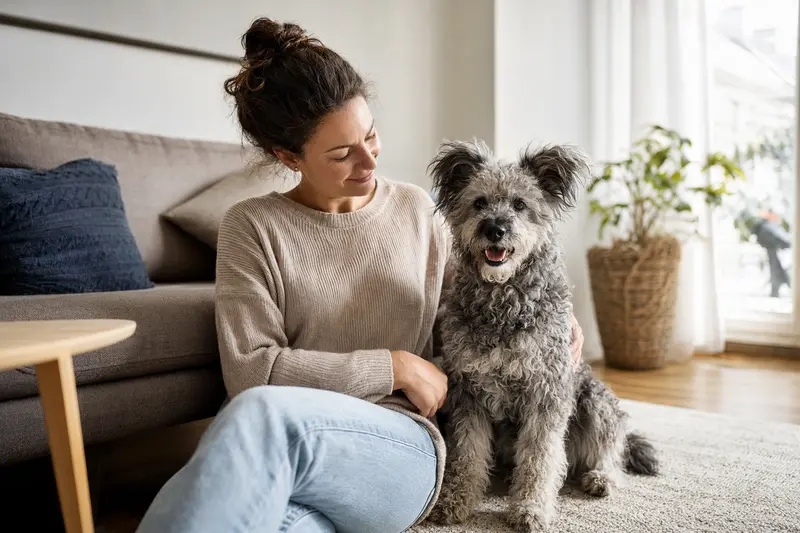 Ein glücklicher Pumi sitzt entspannt neben seinem Besitzer in einer modernen Wohnung.
