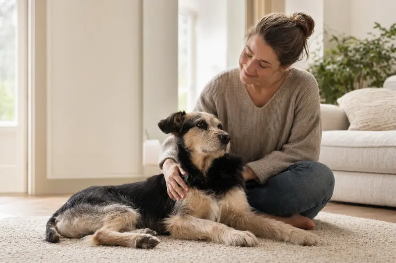 Glücklicher Hund sitzt entspannt neben seinem Halter in einer hellen Wohnung mit natürlichem Licht und passt zum Thema Hundeversicherung.