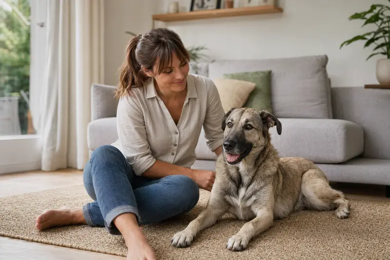 Ein gesunder Pyrenäen-Schäferhund sitzt entspannt neben seinem Besitzer in einer hellen Wohnung und strahlt Zufriedenheit aus.