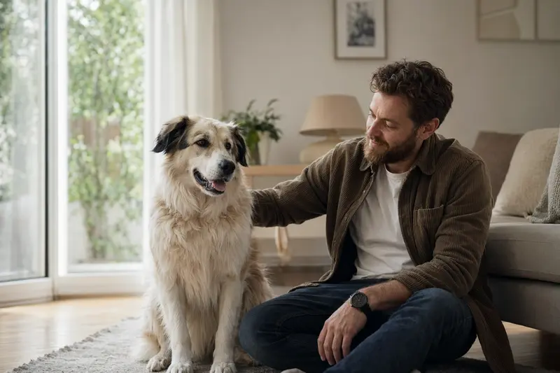 Ein glücklicher Pyrenäenhund sitzt entspannt neben seinem Besitzer in einer modernen Wohnung.