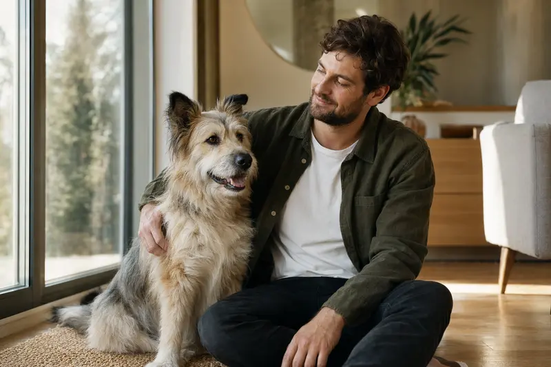 Ein glücklicher Pyrenäenschäferhund sitzt entspannt neben seinem Besitzer in einer hellen Wohnung.