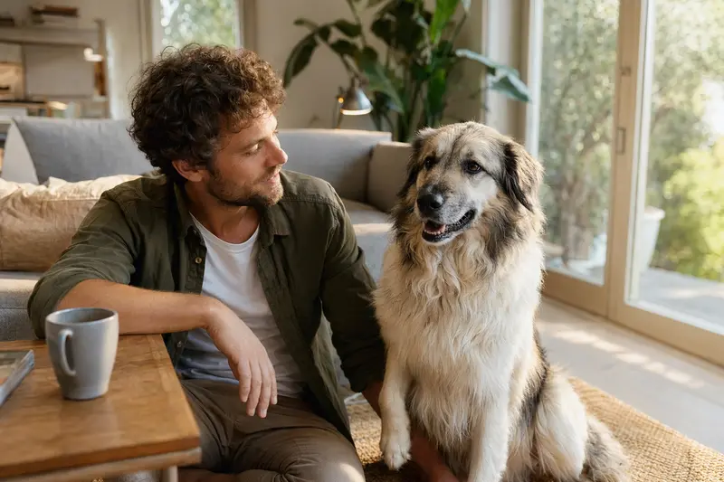 Pyrenäen-Schäferhund mit langem Fell sitzt entspannt neben seinem Halter in einer hellen modernen Wohnung.