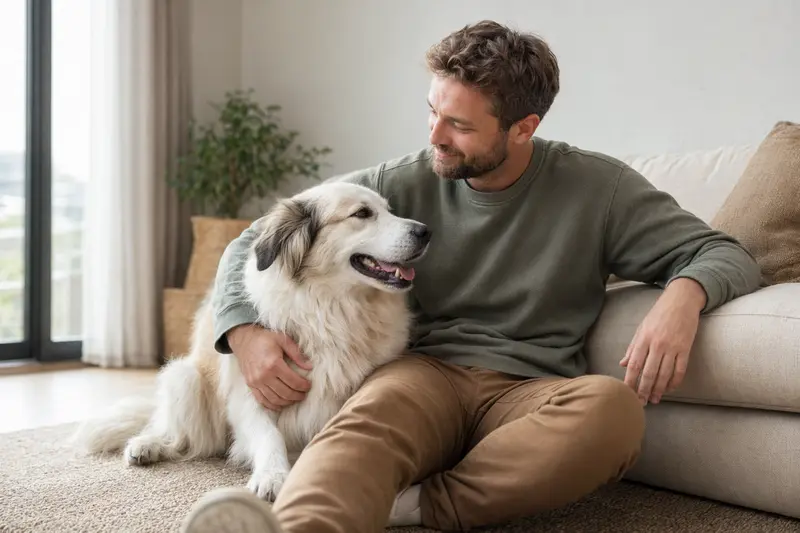 Ein glücklicher Pyrenäenberghund sitzt entspannt neben seinem Besitzer in einer modernen Wohnung.