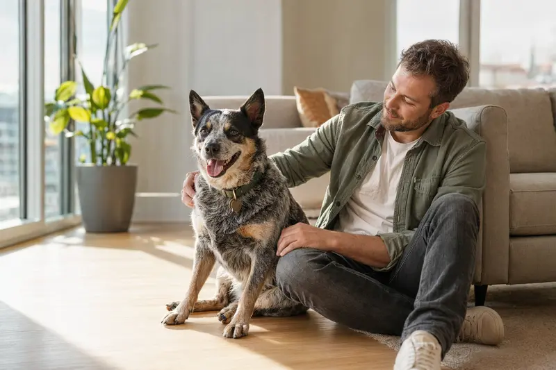 Ein entspannter Queensland Heeler sitzt neben seinem Besitzer in einer hellen Wohnung und strahlt Lebensfreude aus.