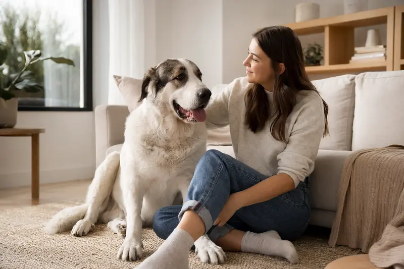Ein glücklicher Rafeiro do Alentejo sitzt entspannt neben seinem Besitzer in einer modernen Wohnung.