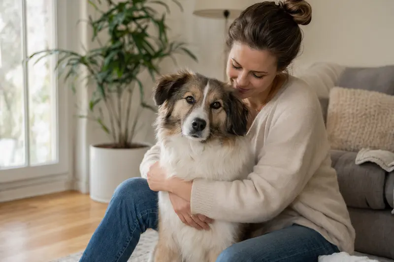 Ein entspannter Ragamuffin sitzt neben seinem Besitzer in einer modernen Wohnung und vermittelt eine vertrauensvolle Atmosphäre.