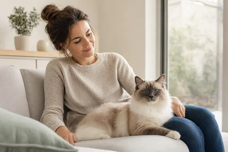 Ein gesunder, freundlicher Ragdoll sitzt entspannt neben seinem Besitzer in einer hellen, modernen Wohnung.