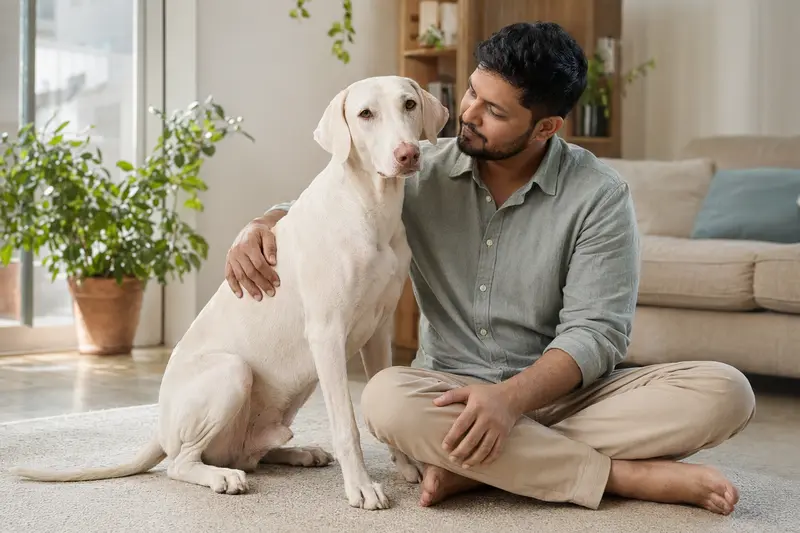 Ein entspannter Rajapalayam sitzt neben seinem glücklichen Besitzer in einer modernen Wohnung mit natürlichem Licht.